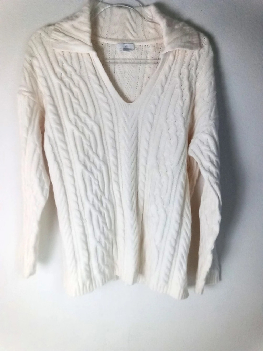 J.Jill Cable Knit V-Neck Sweater Pullover Johnny Collar Size Medium